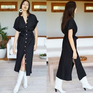 Emerson Fry Desert Midi Dress Black Short Sleeve Full Button Front Linen Blend